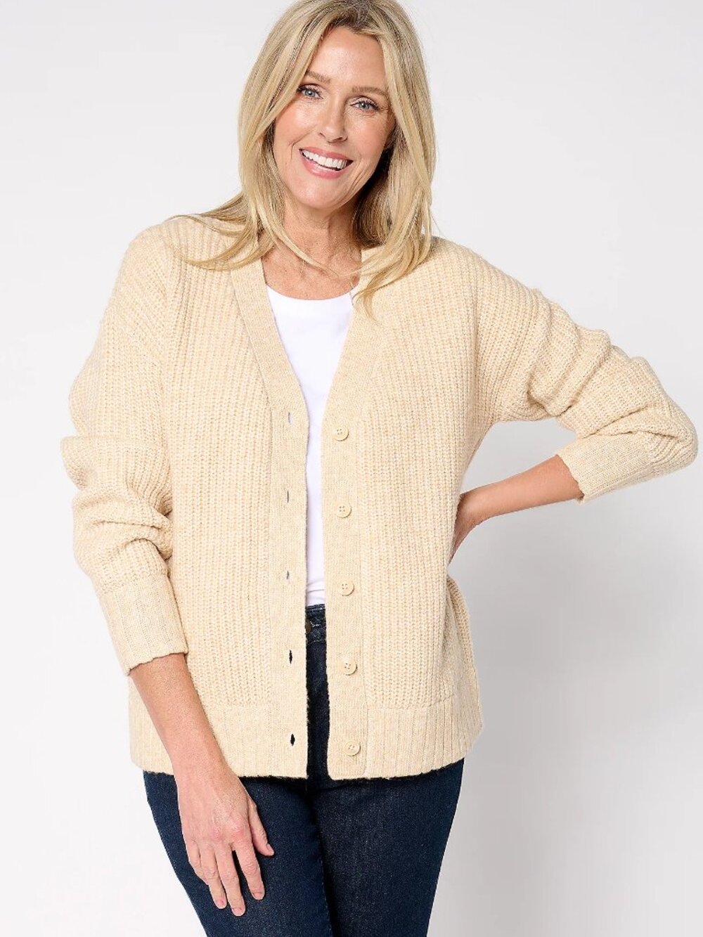 Studio Park x Amy Stran Button Front Sparklin' Cardigan, Latte Sz 1X a676778